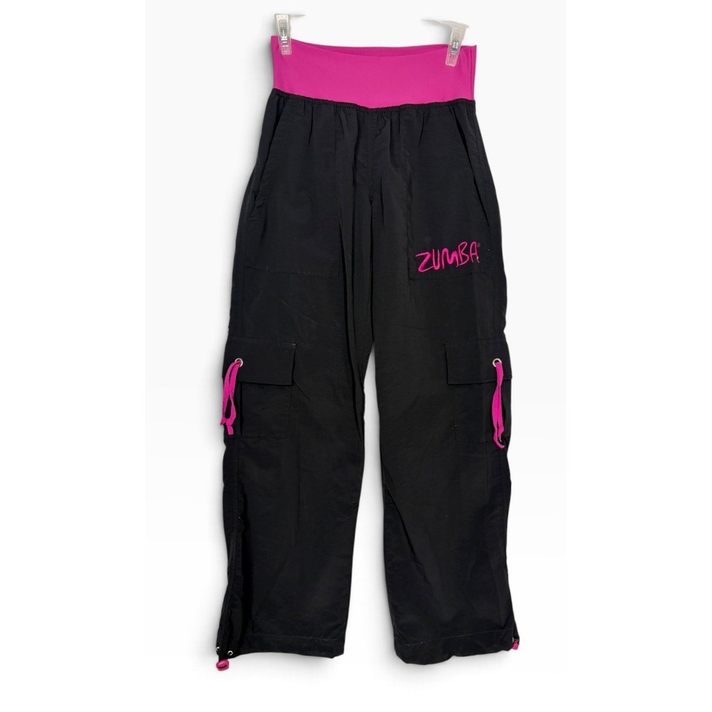 Zumba Black Pink Cargo Dance Pants Wide Leg Foldover Waist Workout Activewear